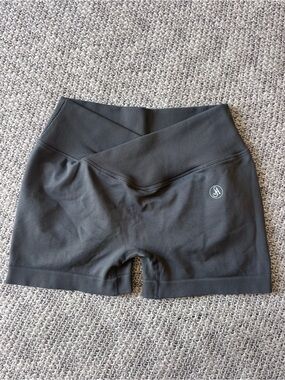 Allure High Waisted Sculpting Cross Front Spandex Gym Bike Shorts - Dark Grey